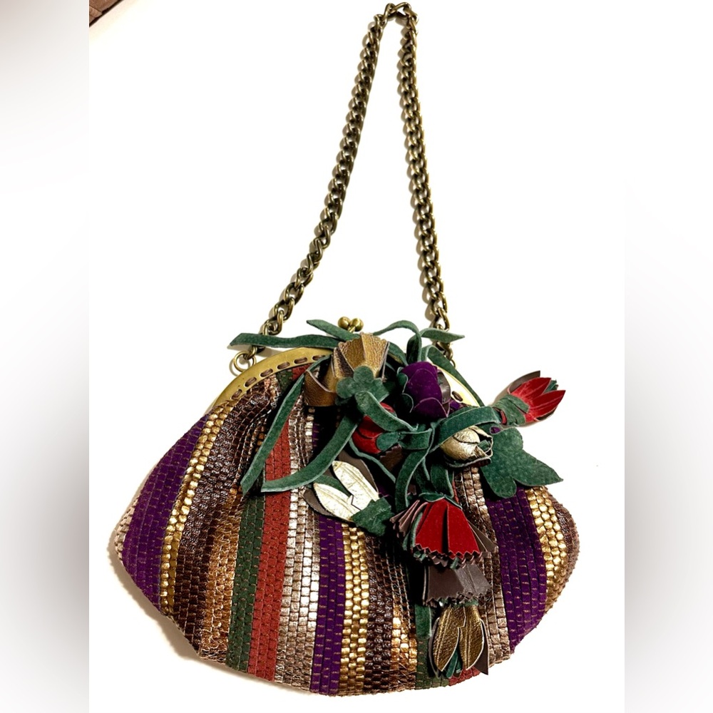 VTG NEW Elisa Atheniense Metalic Floral Artsy Leather Purse Chain Shoulder Bag - Picture 2 of 9